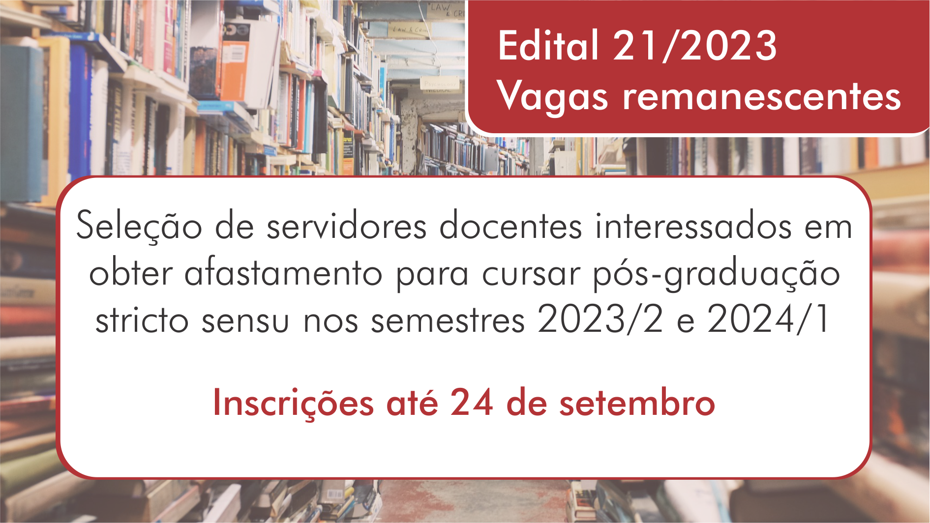 São disponibilizadas nove vagas para professores efetivos lotados e em exercício no Câmpus Goiânia que estejam matriculados em cursos de mestrado e doutorado no período para o qual pleiteiam a vaga, bem como aos docentes com carta de aceite para realização de estágio pós-doutoral. São disponibilizadas nove vagas para professores efetivos lotados e em exercício no Câmpus Goiânia que estejam matriculados em cursos de mestrado e doutorado no período para o qual pleiteiam a vaga, bem como aos docentes com carta de aceite para realização de estágio pós-doutoral.